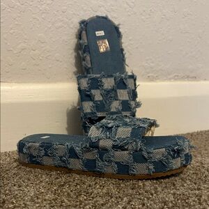 Denim Check Slide Sandals - Blue